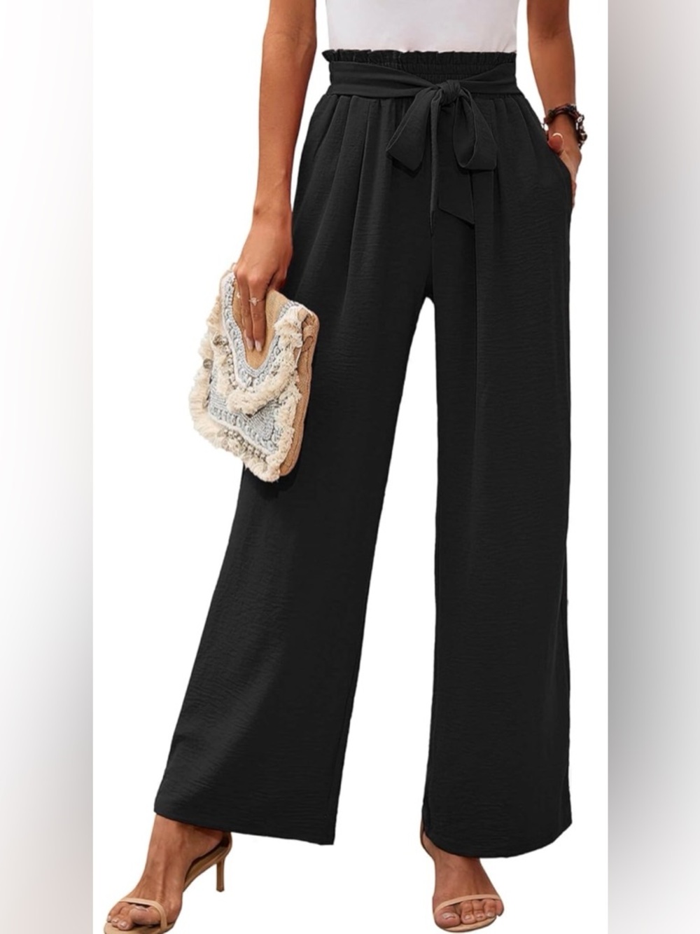 Black Wide Leg Tie Waist Pants | High Rise Trousers